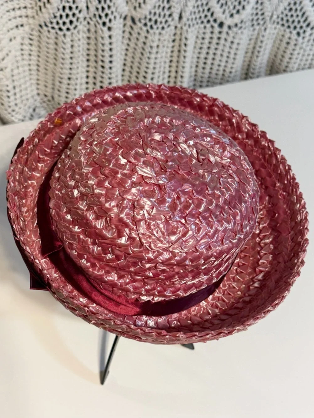 VINTAGE raspberry straw hat‎ 50s 60s bowler church dressy ribbon bow mid century - Picture 6 of 11